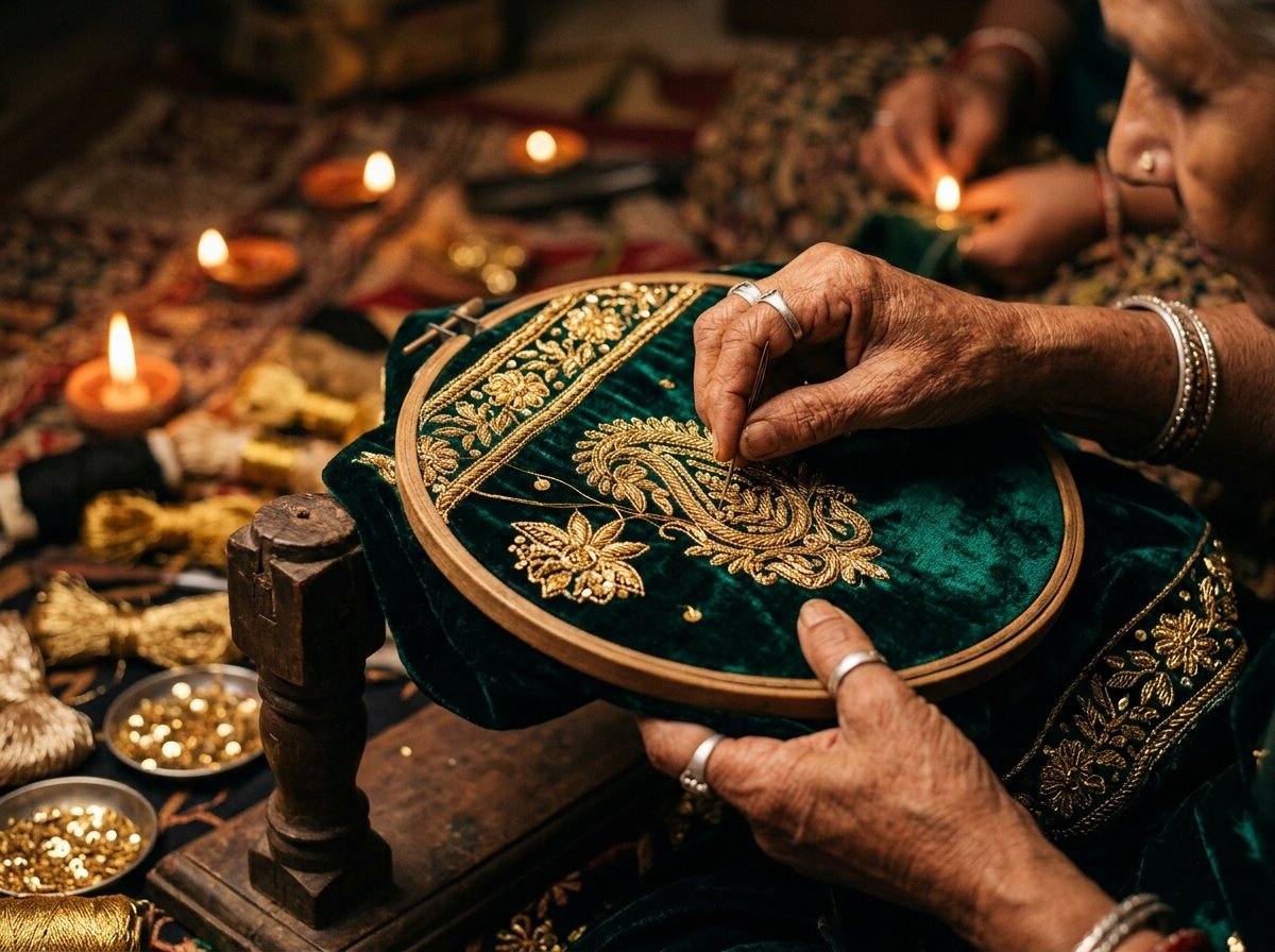 Master Karigar Hands Performing Zardozi Gold Bullion Embroidery