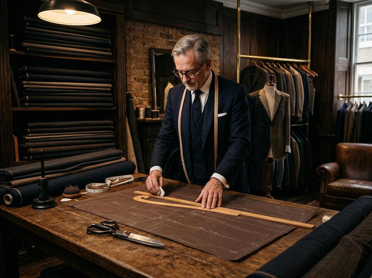 Master Tailor Drafting Bespoke Suit Pattern in Menzio Atelier